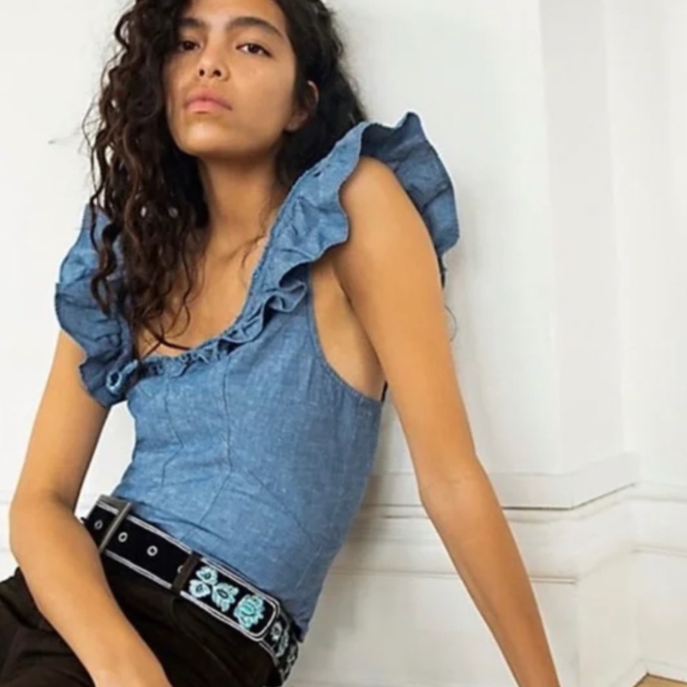 Free People Winona Denim Ruffle Top